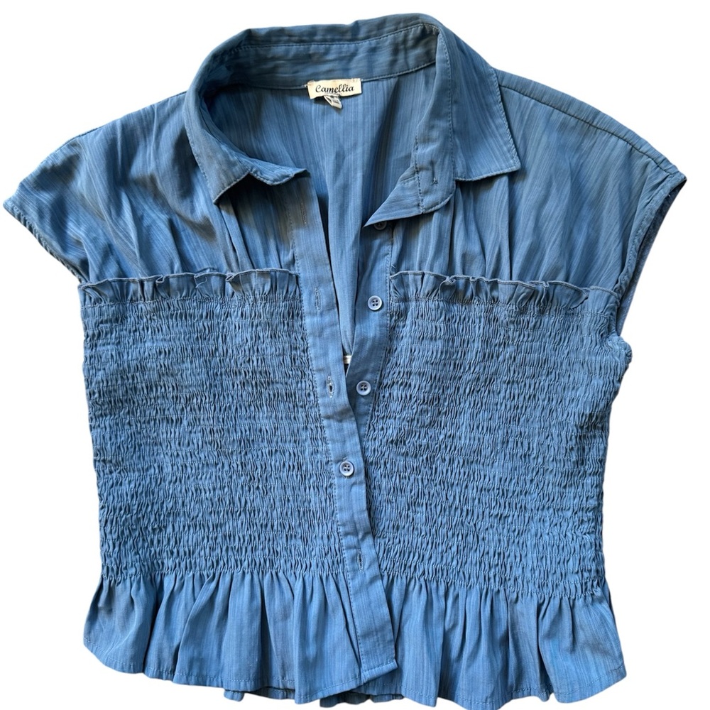 Blue Smocked Peplum Collar‎ Button-Down Textured Form Fitting Ruffle Peplum Top